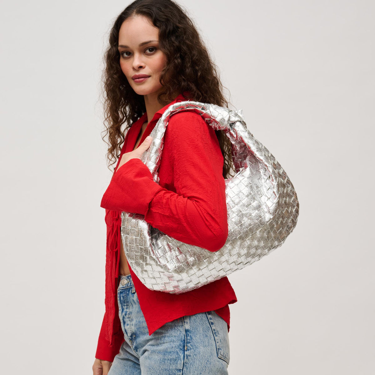 Woman wearing Silver Urban Expressions Dollie Hobo 840611128430 View 2 | Silver