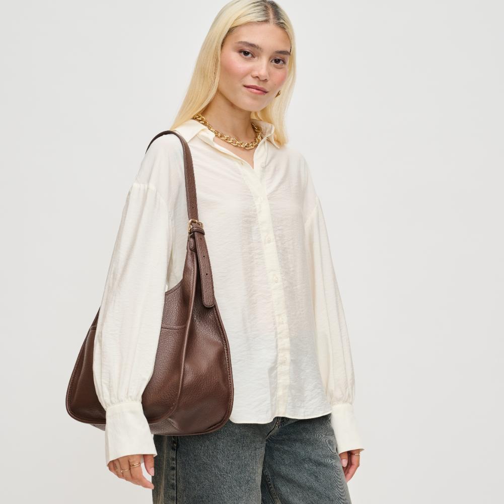 Woman wearing Chocolate Urban Expressions Teena Hobo 840611136954 View 2 | Chocolate