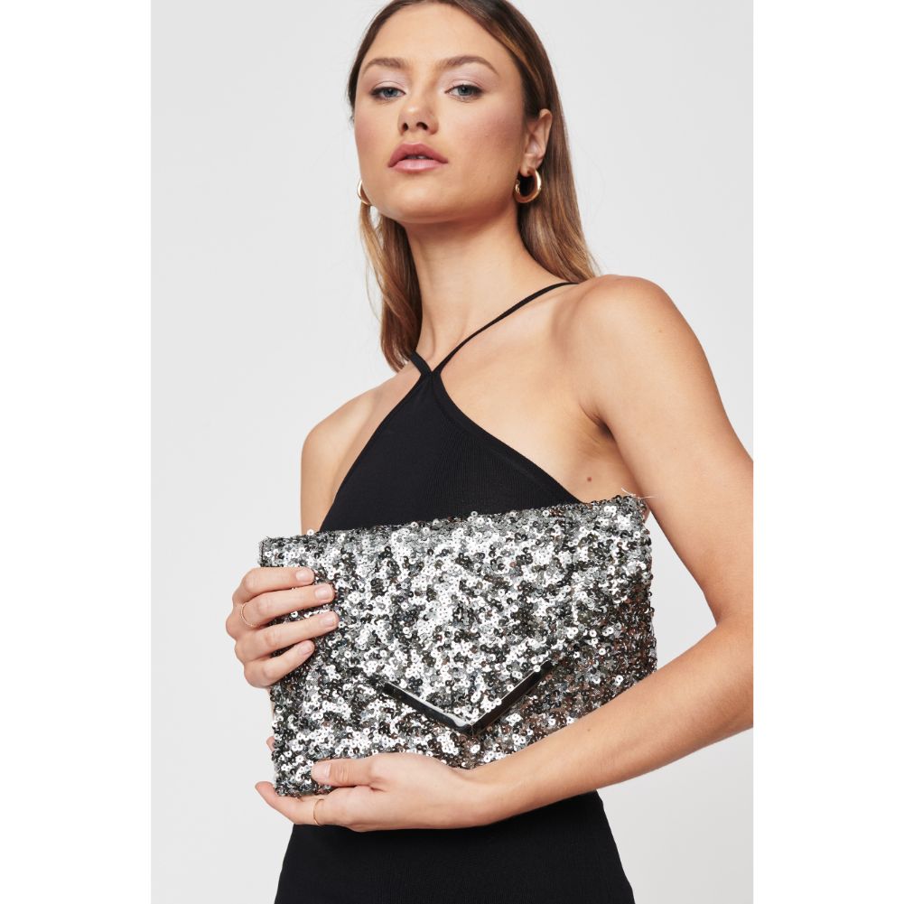 Woman wearing Pewter Urban Expressions Rizza Sequin Evening Bag 840611103444 View 1 | Pewter