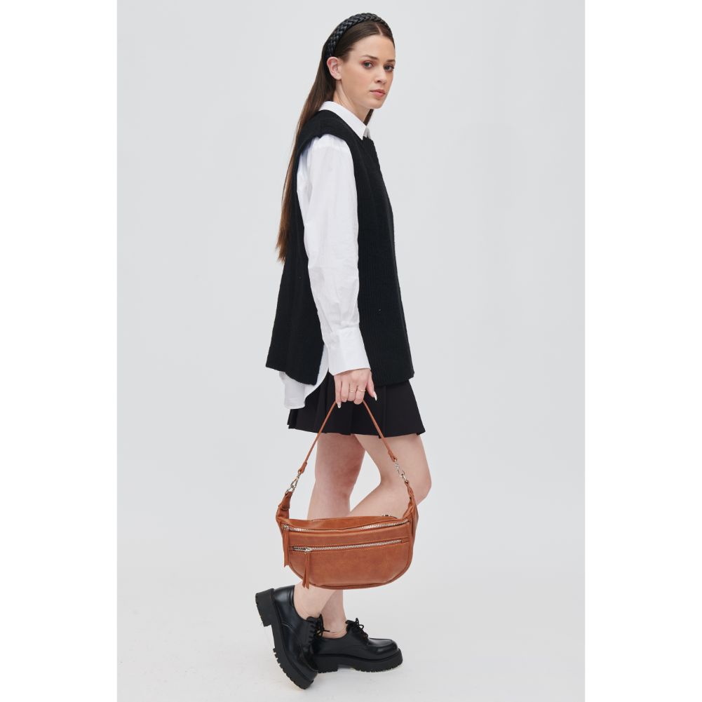 Woman wearing Tan Urban Expressions Tessie Belt Bag 840611111456 View 3 | Tan