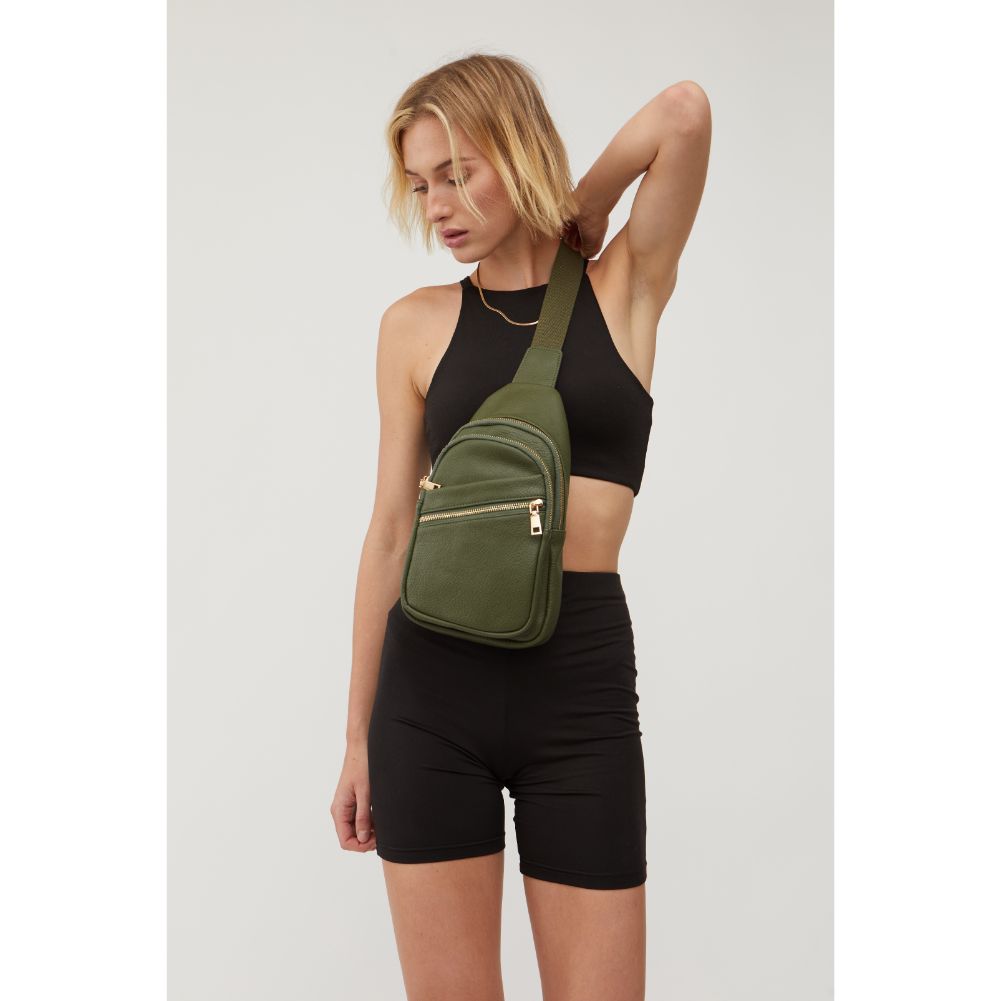 Woman wearing Olive Urban Expressions Zephyr Sling Backpack 840611116246 View 2 | Olive