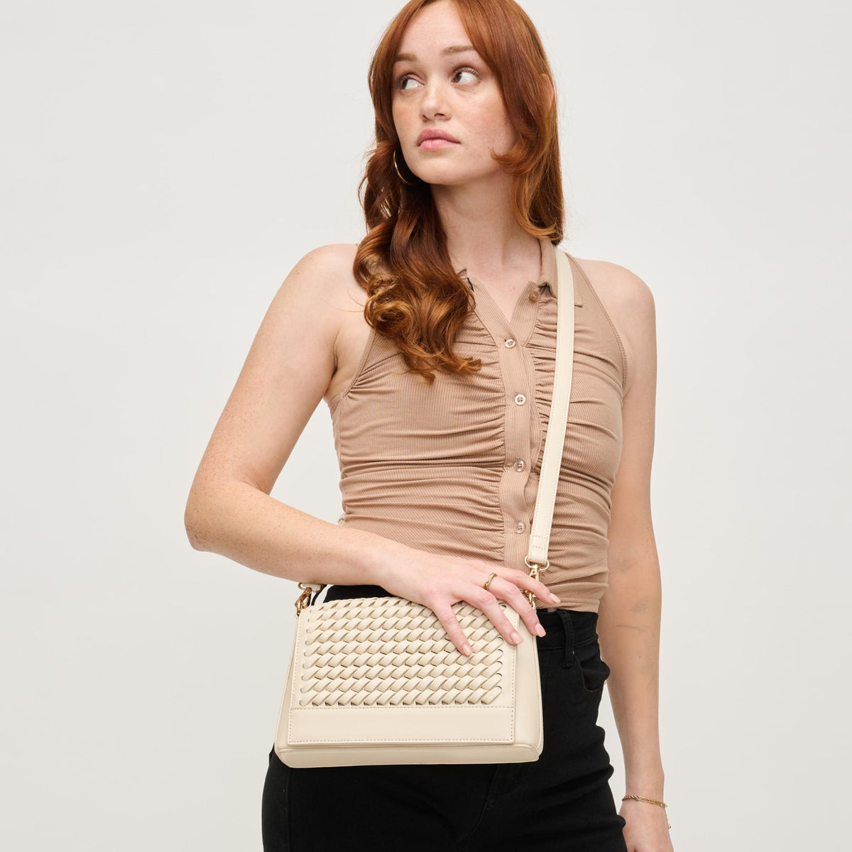 Woman wearing Oatmilk Urban Expressions Nina Crossbody 840611144539 View 1 | Oatmilk