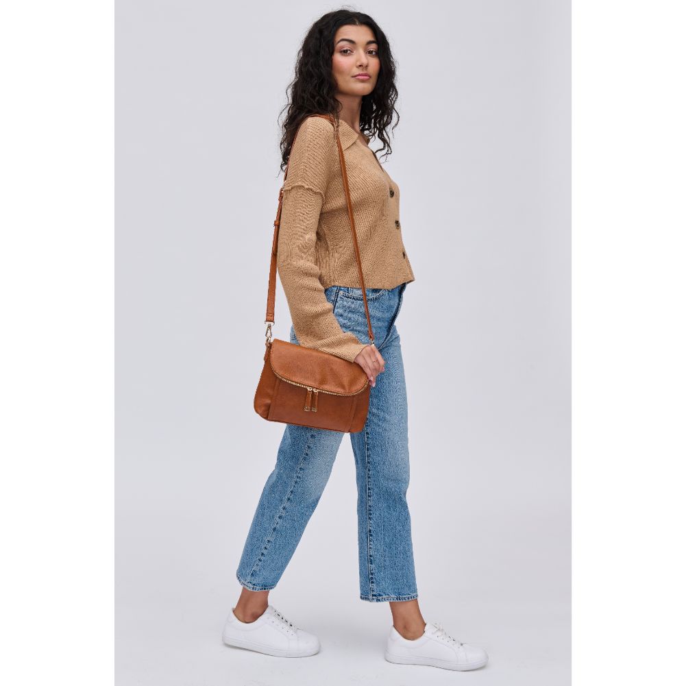 Woman wearing Tan Urban Expressions Iris Crossbody 840611116024 View 3 | Tan