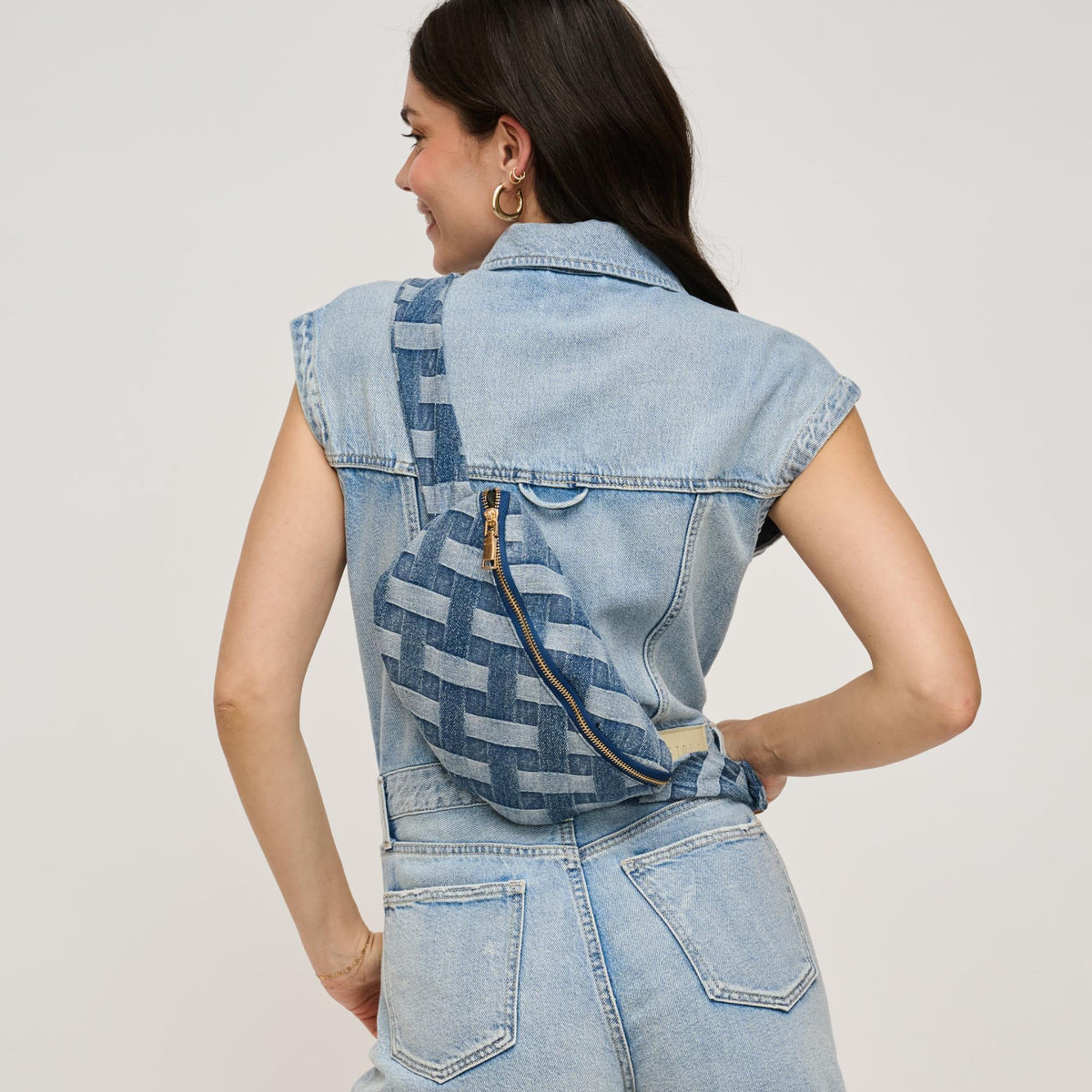 Woman wearing Denim Urban Expressions Leslie Belt Bag 840611160744 View 2 | Denim