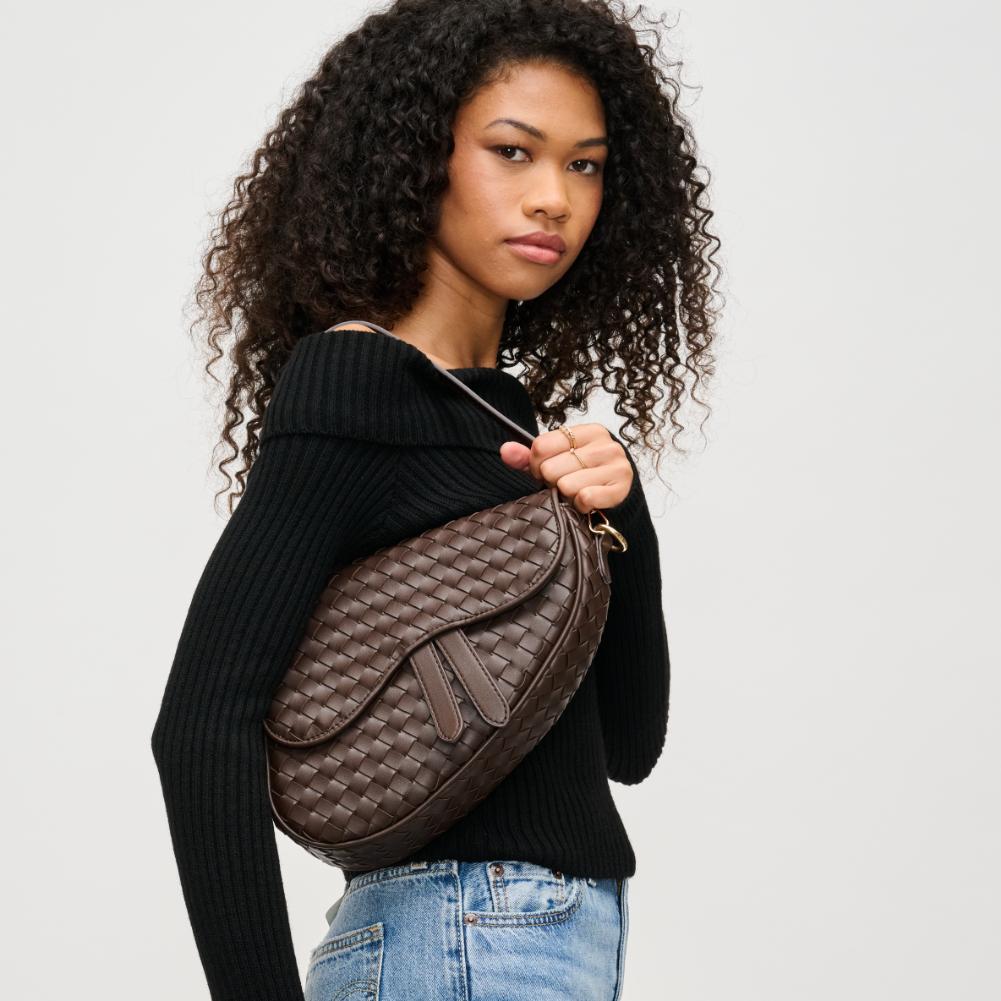 Woman wearing Espresso Urban Expressions Scout Crossbody 840611194398 View 2 | Espresso