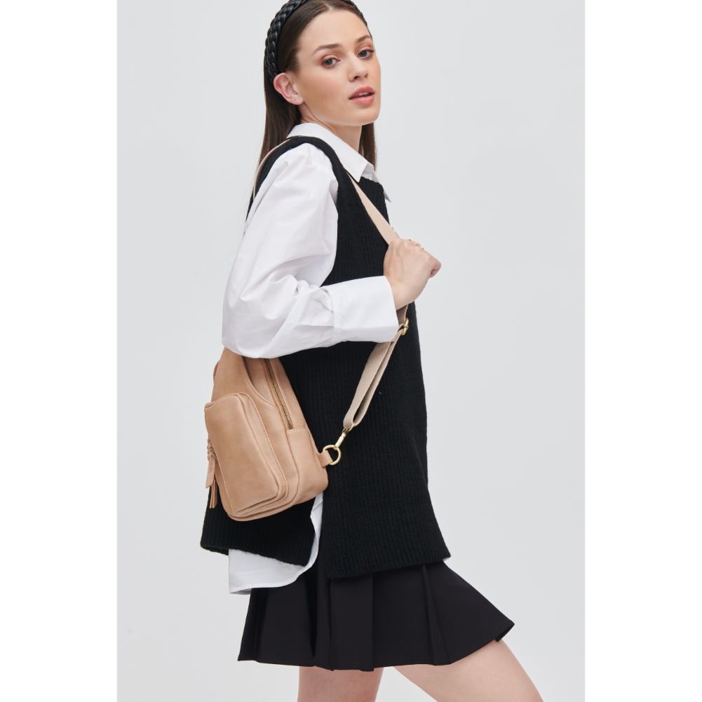 Woman wearing Natural Urban Expressions Wendall Sling Backpack 840611107213 View 3 | Natural