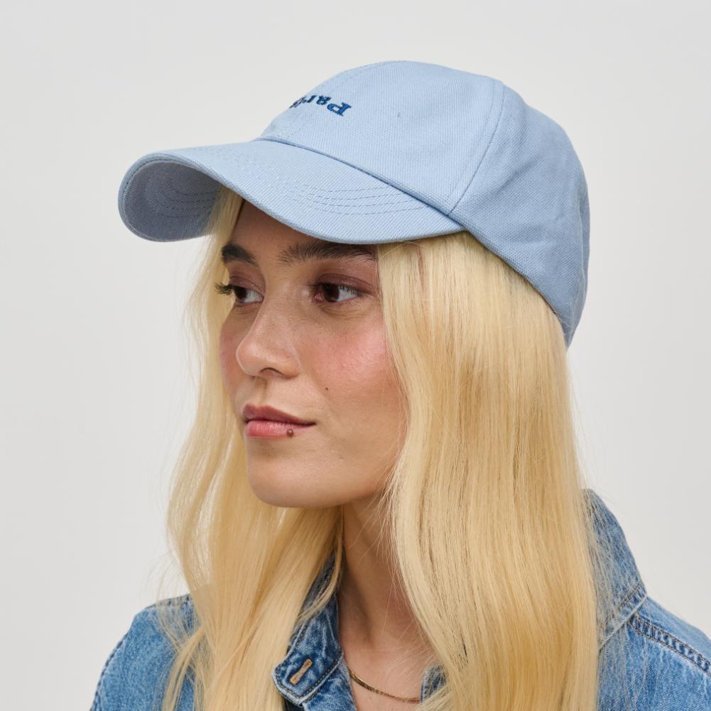 Woman wearing Light Blue Urban Expressions Paris Embroidered Hat Baseball Cap 840611193100 View 3 | Light Blue