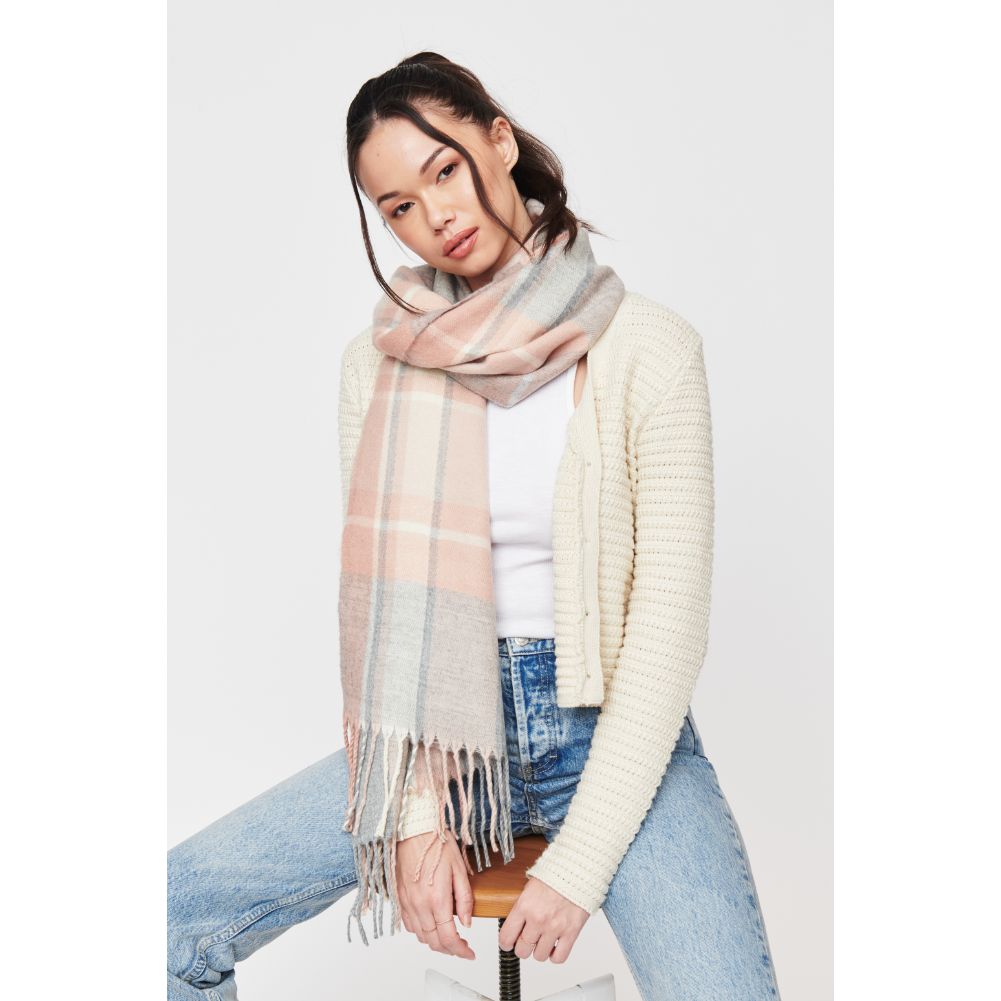 Woman wearing Beige Grey Urban Expressions LADOUM Scarves 818209012591 View 1 | Beige Grey