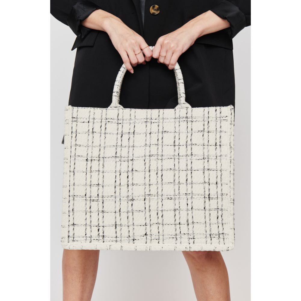 Woman wearing White Black Urban Expressions Iona Tote 840611102423 View 4 | White Black