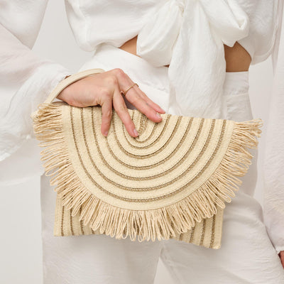 Woman wearing Ivory Gold Urban Expressions Katie Clutch 840611156914 View 1 | Ivory Gold