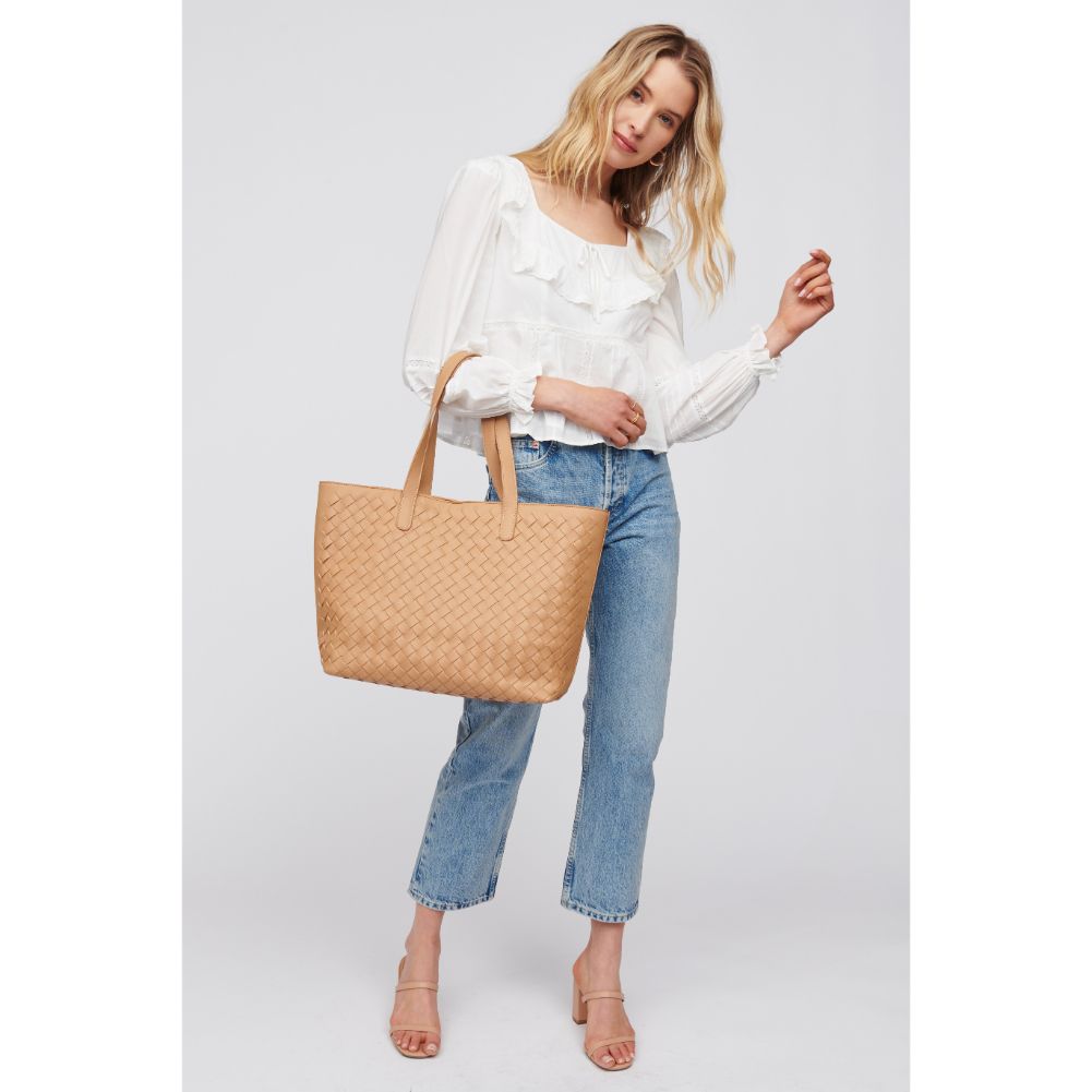 Woman wearing Camel Urban Expressions Valencia - Woven Tote 840611101631 View 3 | Camel