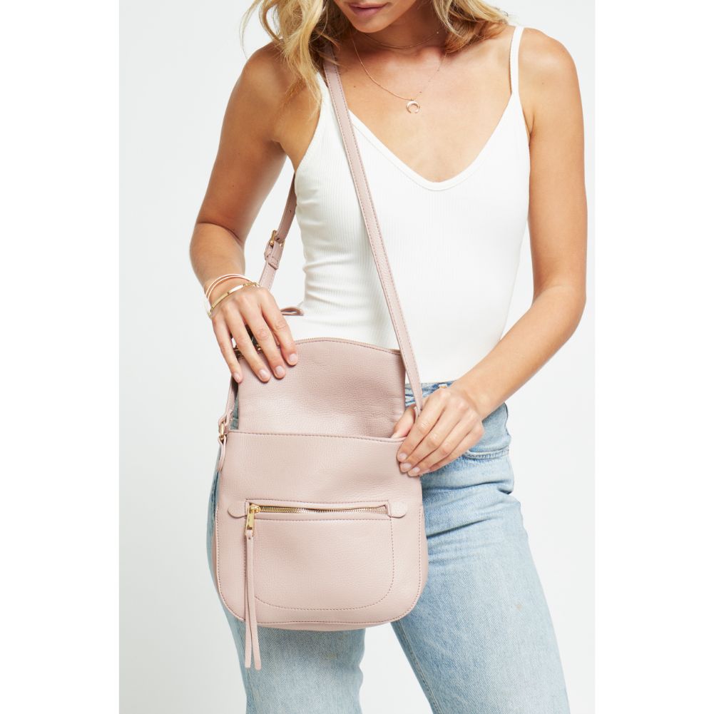 Woman wearing French Rose Urban Expressions Jean Crossbody 840611177223 View 4 | French Rose