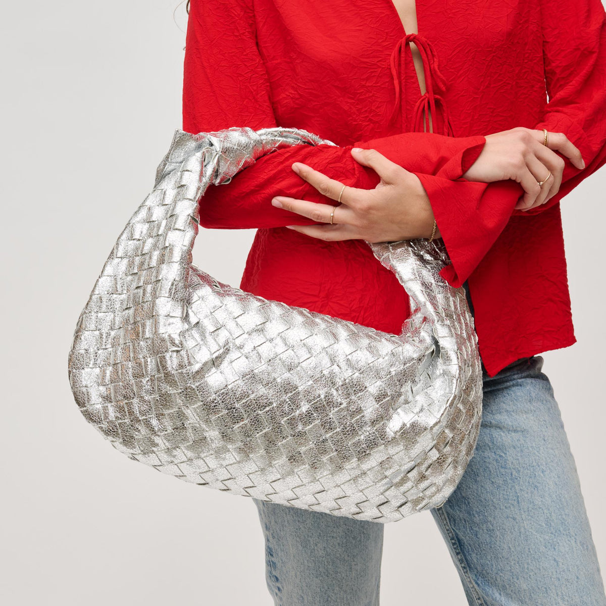 Woman wearing Silver Urban Expressions Dollie Hobo 840611128430 View 1 | Silver