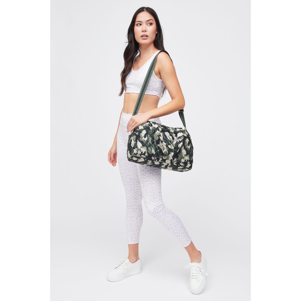 Woman wearing Green Camo Urban Expressions Spencer - Quilted Nylon Weekender 840611184276 View 4 | Green Camo