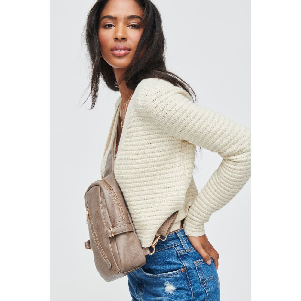 Woman wearing Taupe Urban Expressions Micah Sling Backpack 840611108791 View 3 | Taupe