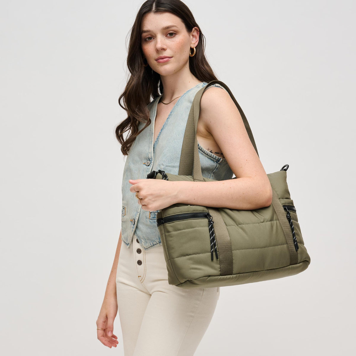 Woman wearing Dark Sage Urban Expressions Jessi Tote 840611140340 View 2 | Dark Sage