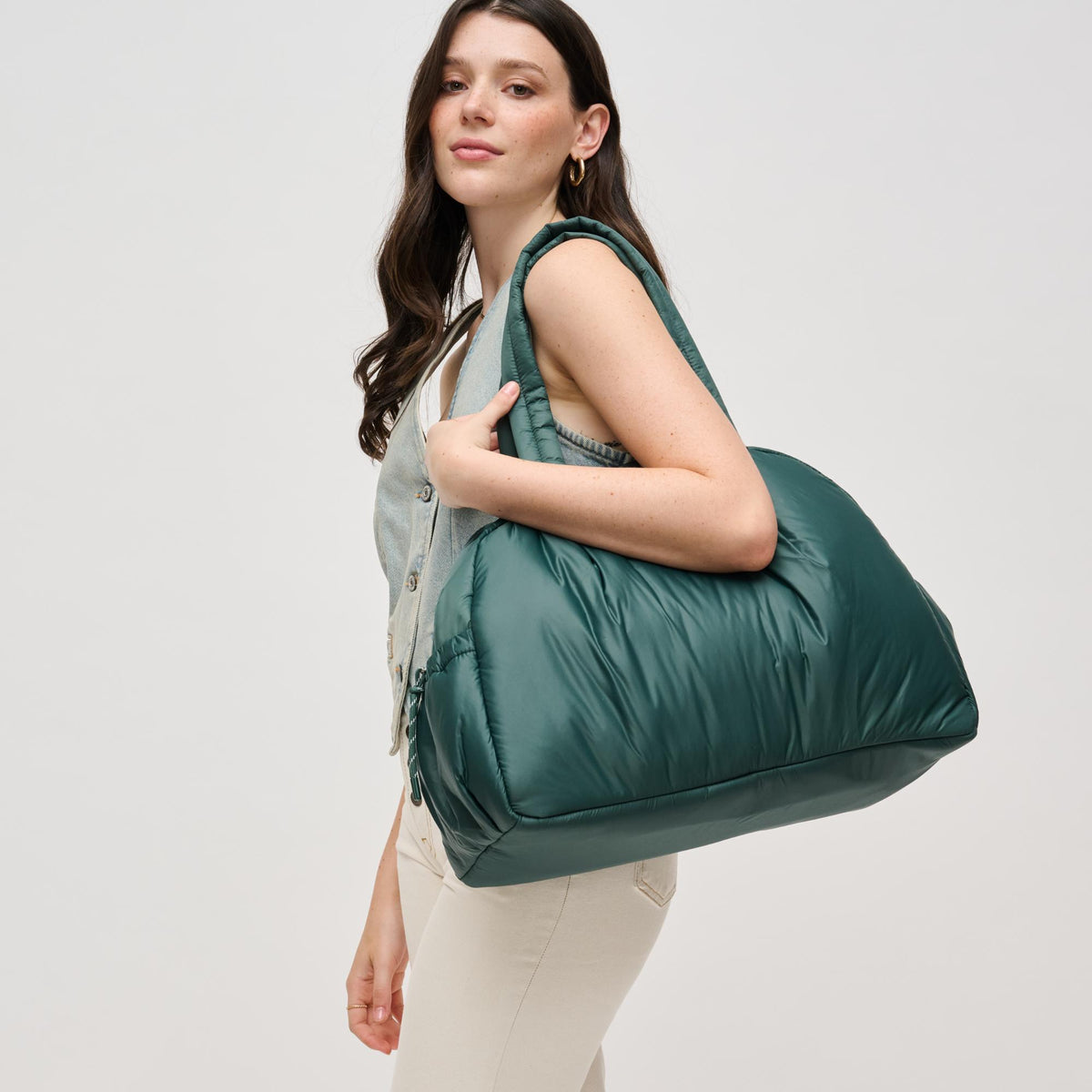 Woman wearing Hunter Green Urban Expressions Rae Duffel 840611141248 View 2 | Hunter Green