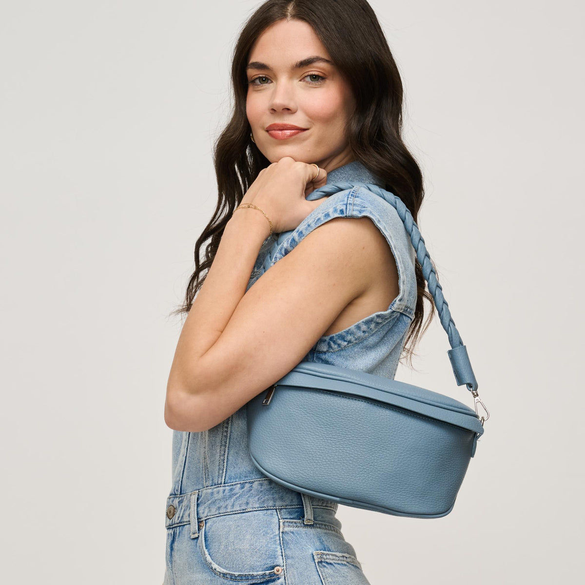 Woman wearing Denim Urban Expressions Laney Belt Bag 840611146502 View 2 | Denim