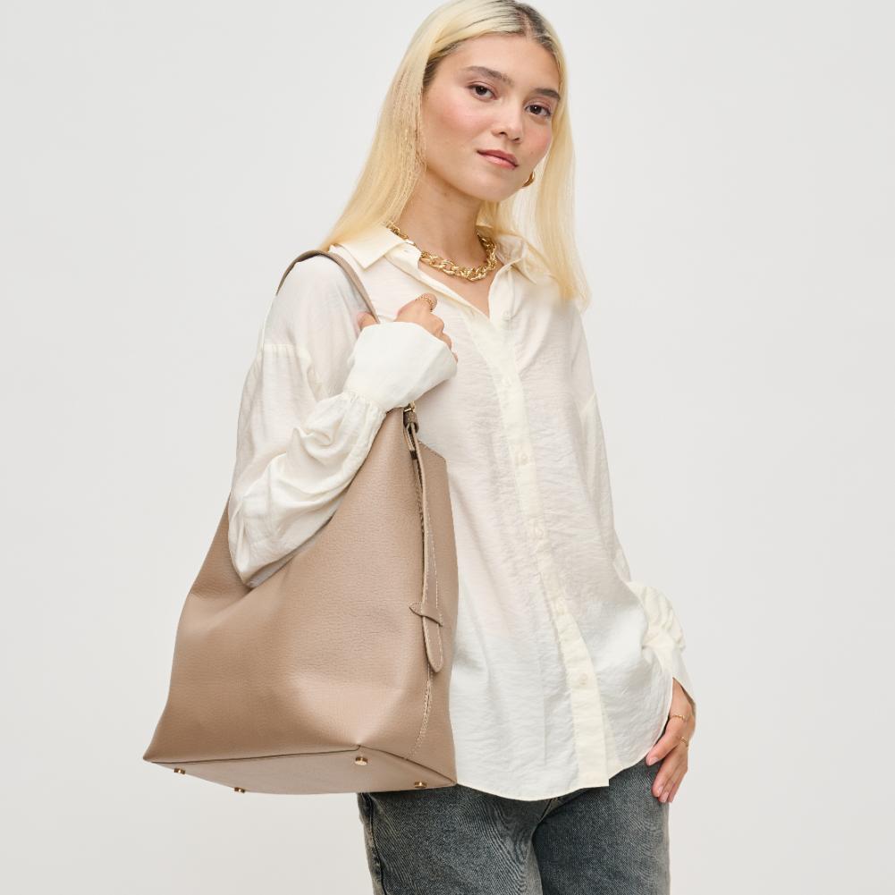 Woman wearing Taupe Urban Expressions Zelda Hobo 840611139207 View 2 | Taupe