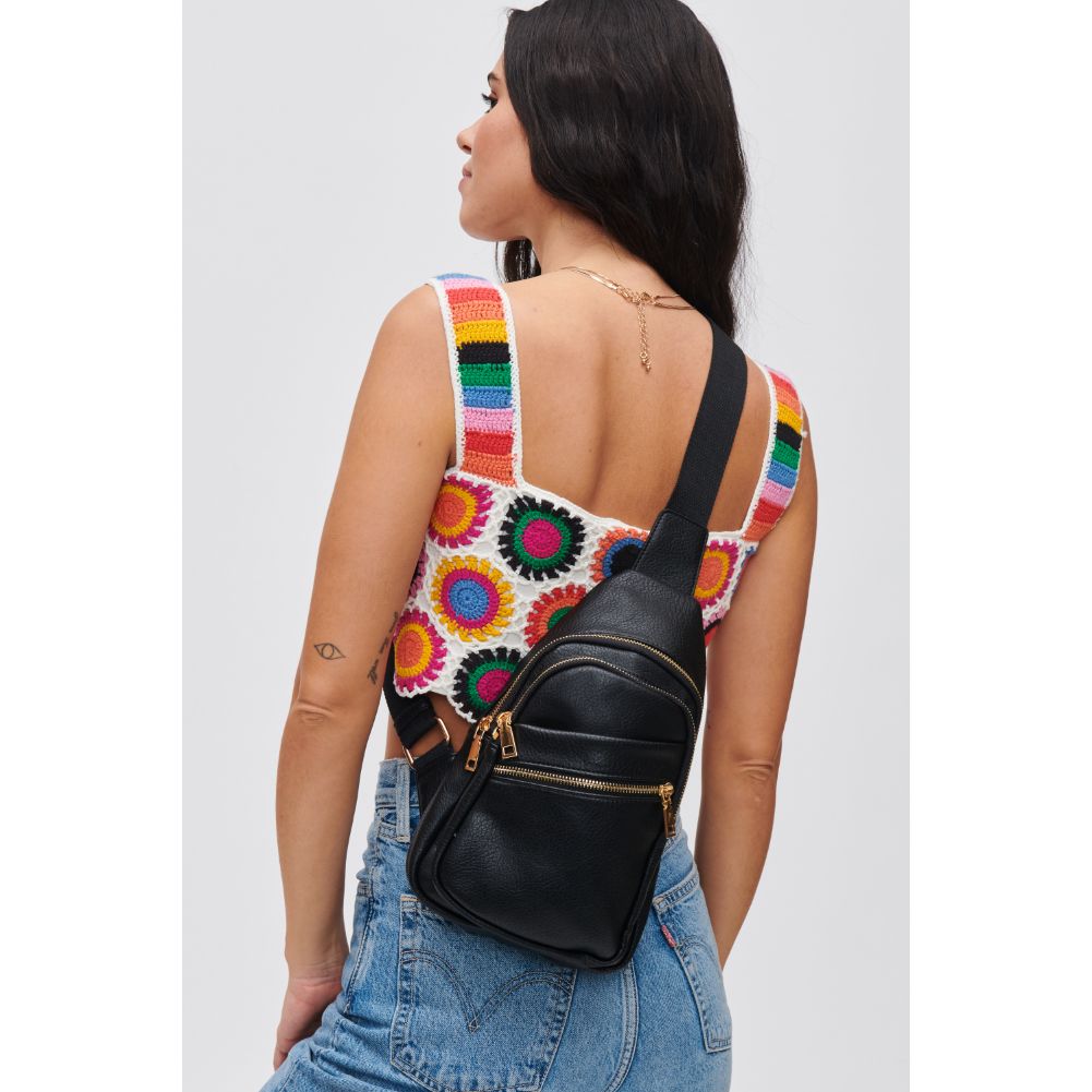 Woman wearing Black Urban Expressions Zephyr Sling Backpack 840611106889 View 2 | Black