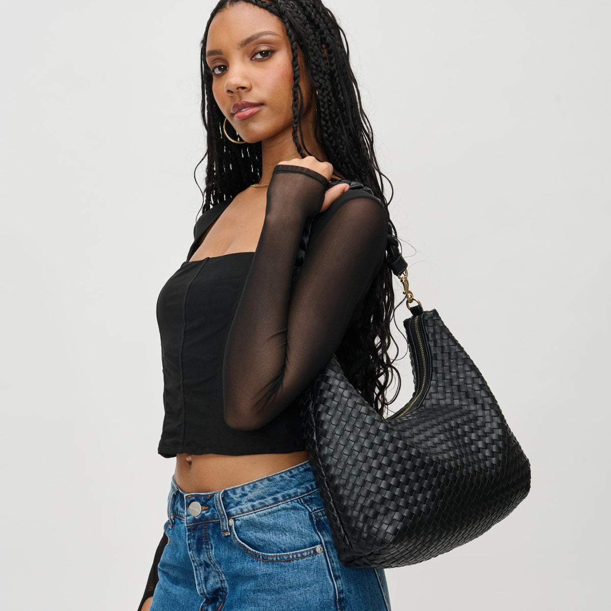 Woman wearing Black Urban Expressions Sabrina Hobo 840611126177 View 2 | Black