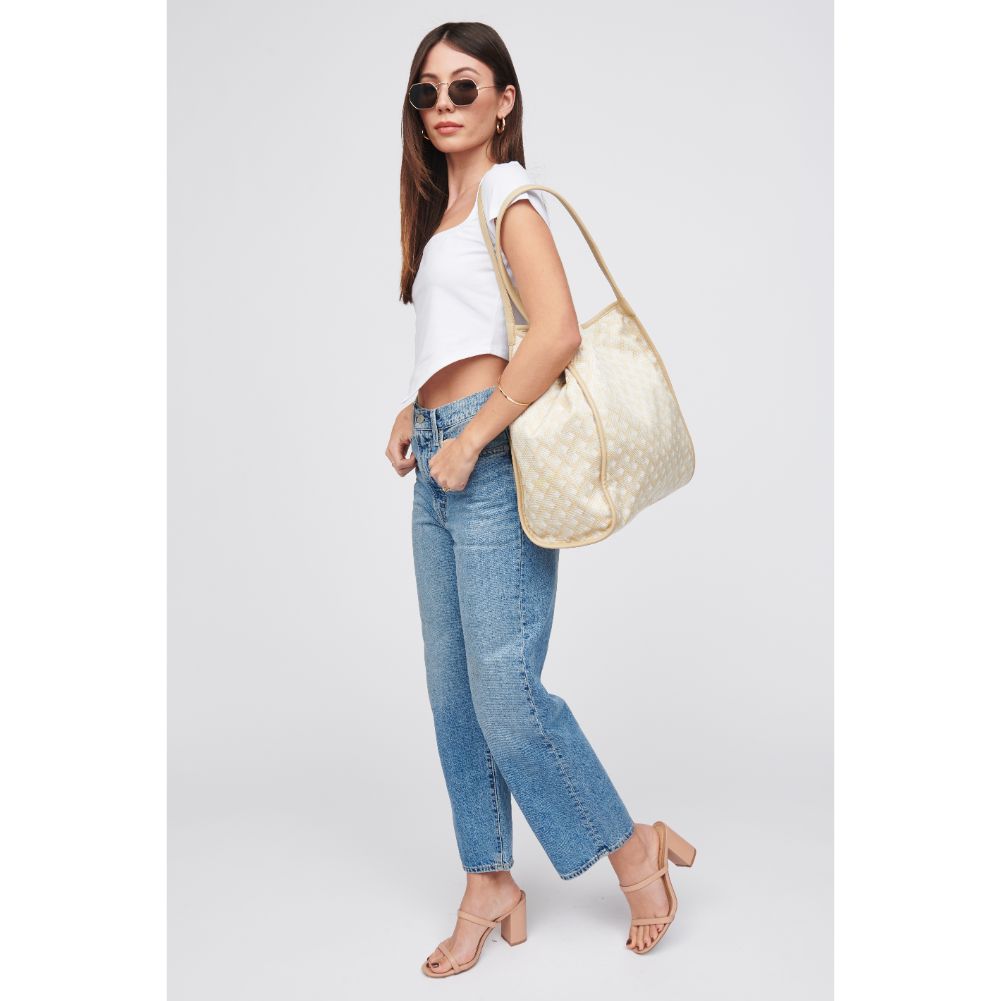 Woman wearing Beige Combo Urban Expressions Tansy Tote 818209016117 View 3 | Beige Combo