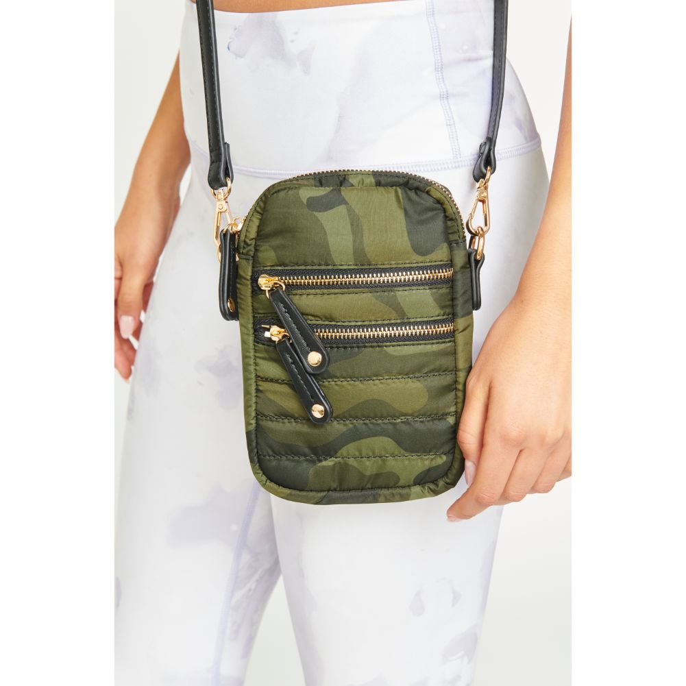 Woman wearing Green Camo Urban Expressions Evelyn Cell Phone Crossbody 840611181985 View 2 | Green Camo