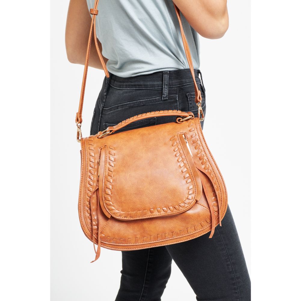 Woman wearing Tan Urban Expressions Khloe Crossbody 840611176639 View 4 | Tan