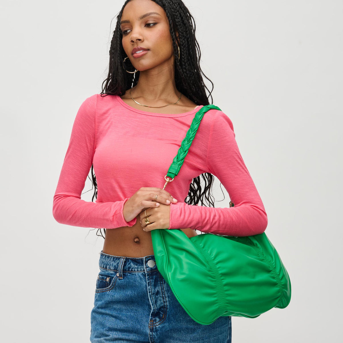 Woman wearing Kelly Green Urban Expressions Amber Hobo 840611130440 View 2 | Kelly Green