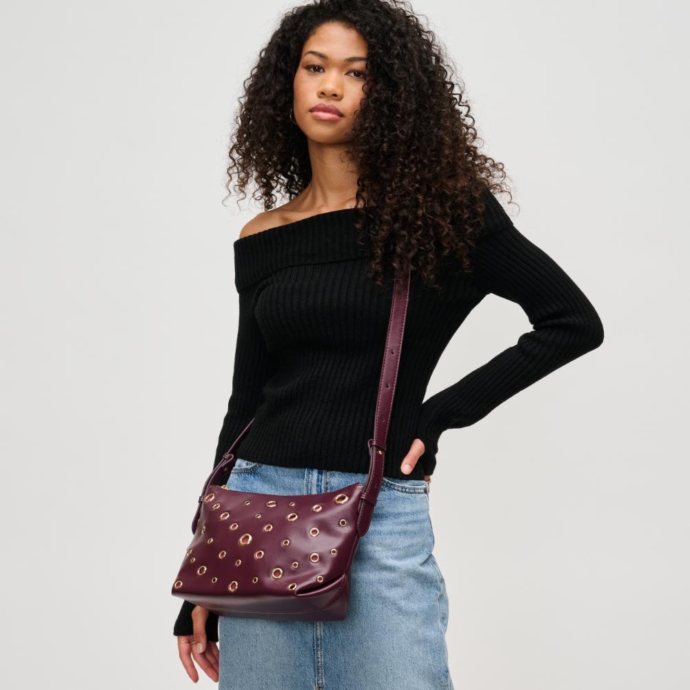 Woman wearing Burgundy Urban Expressions Taran Crossbody 840611194268 View 1 | Burgundy