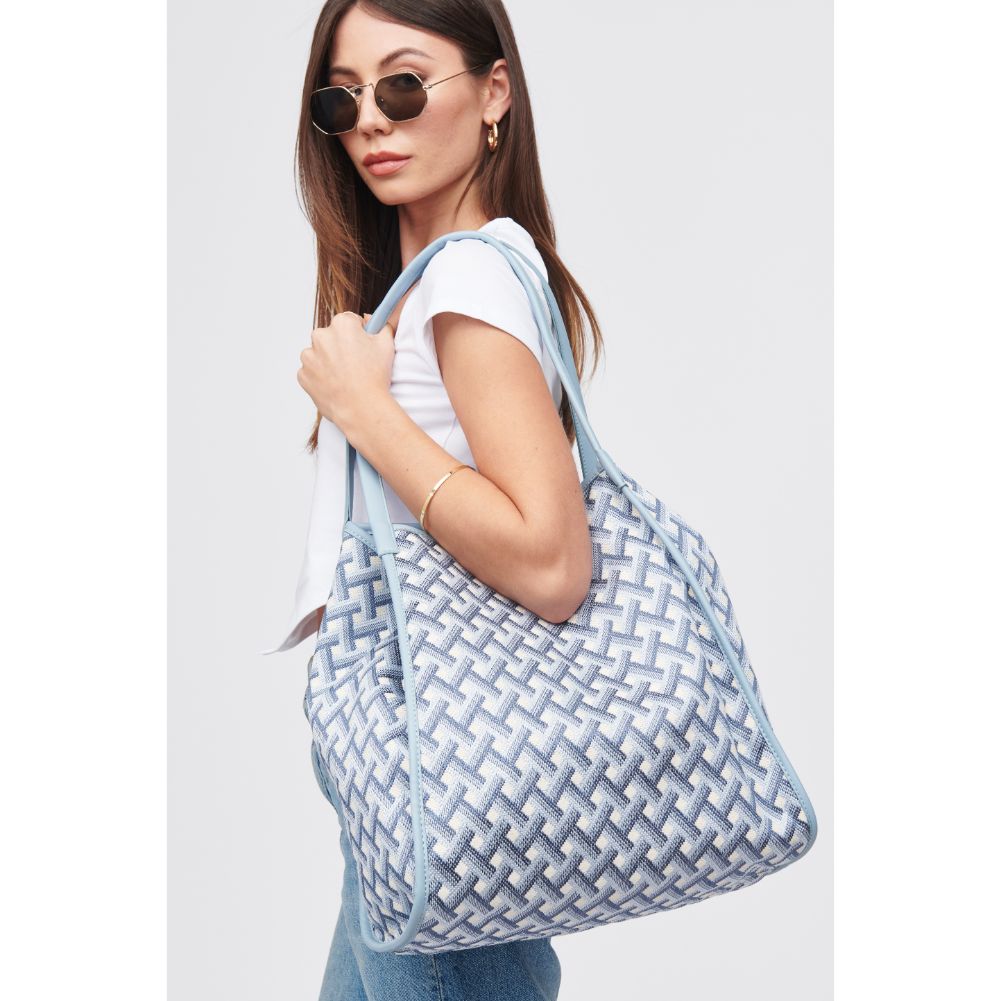 Woman wearing Blue Combo Urban Expressions Tansy Tote 818209016094 View 2 | Blue Combo