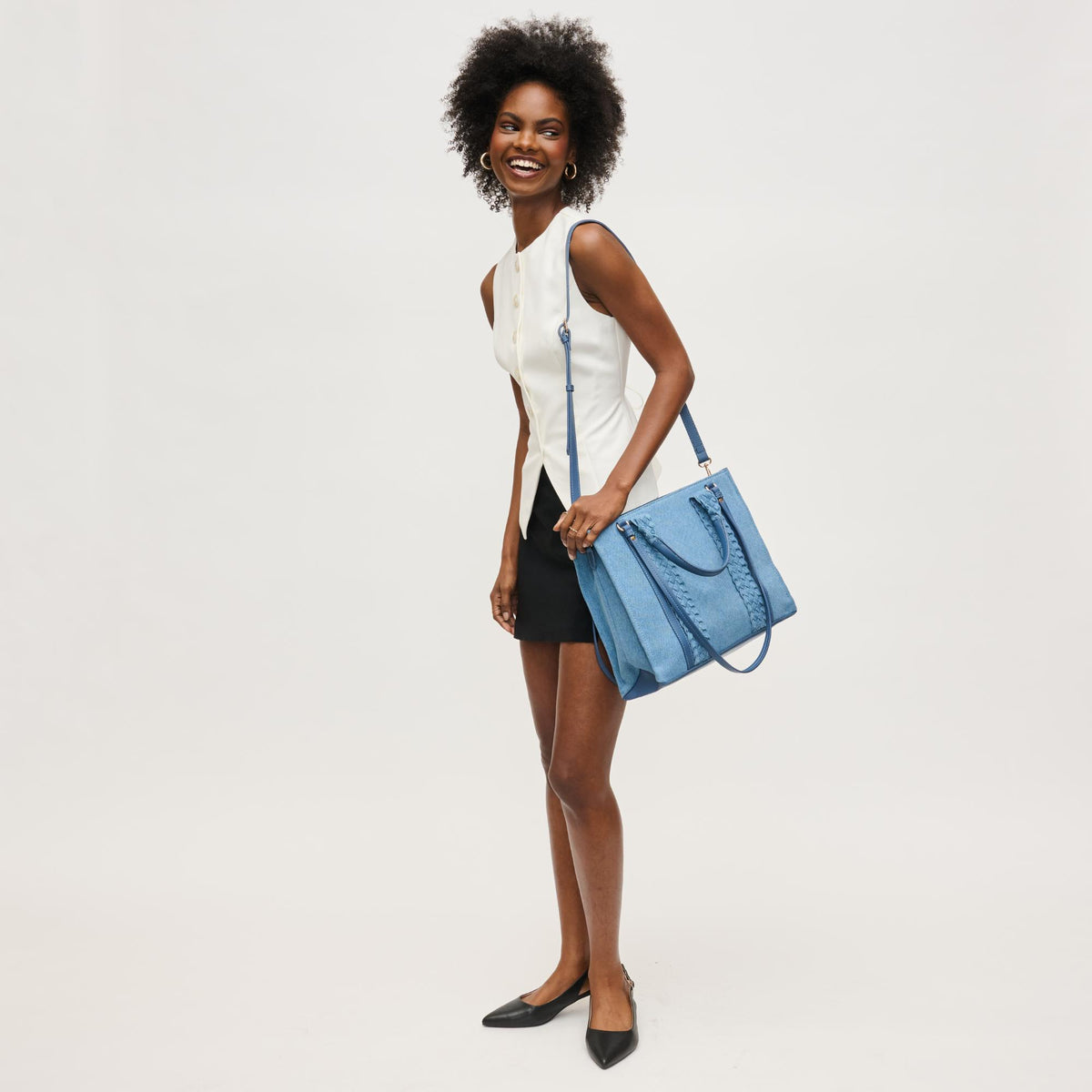 Woman wearing Denim Urban Expressions Charlotte Crossbody 840611141521 View 4 | Denim