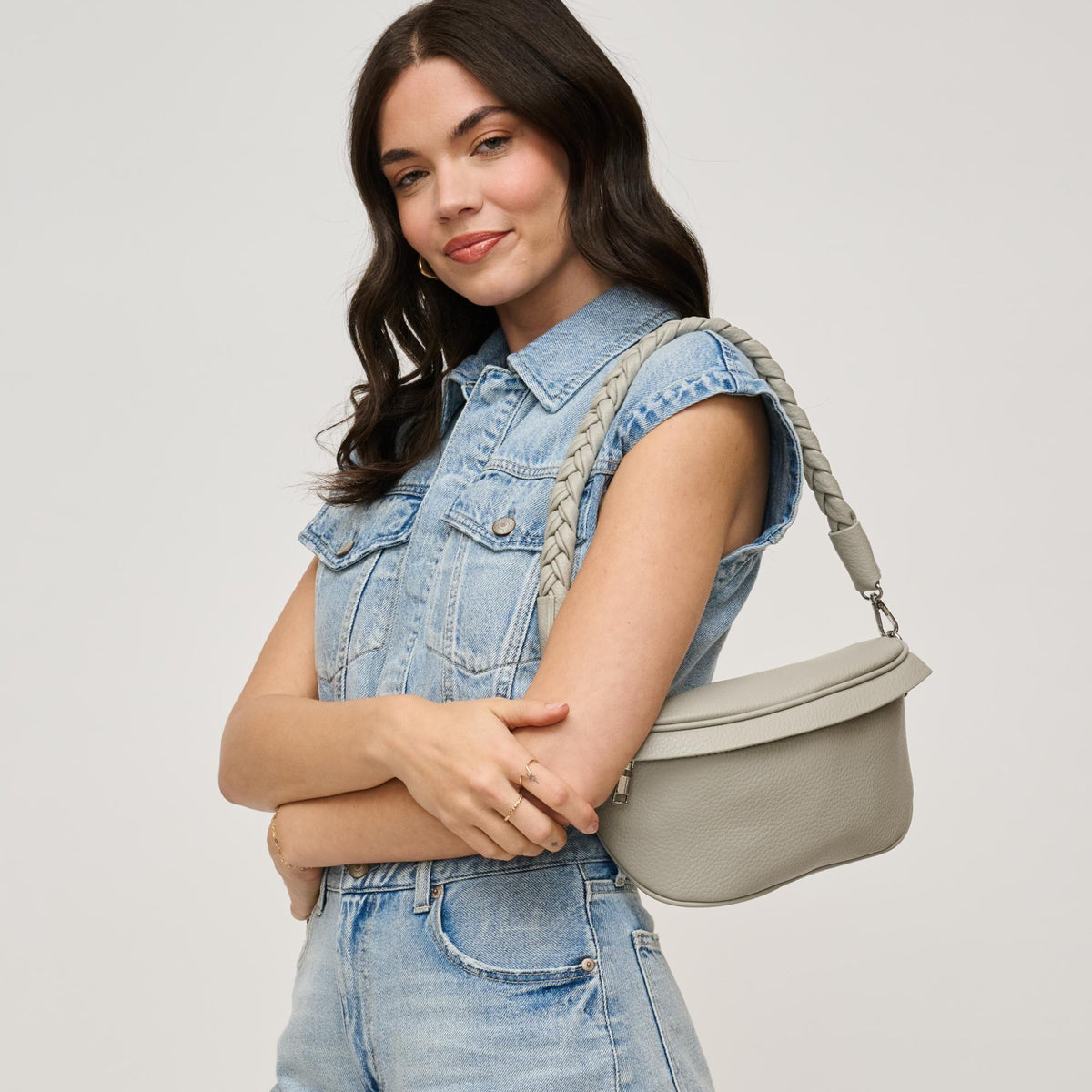 Woman wearing Grey Urban Expressions Laney Belt Bag 840611146496 View 3 | Grey