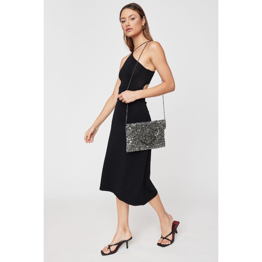 Woman wearing Pewter Urban Expressions Rizza Sequin Evening Bag 840611103444 View 4 | Pewter