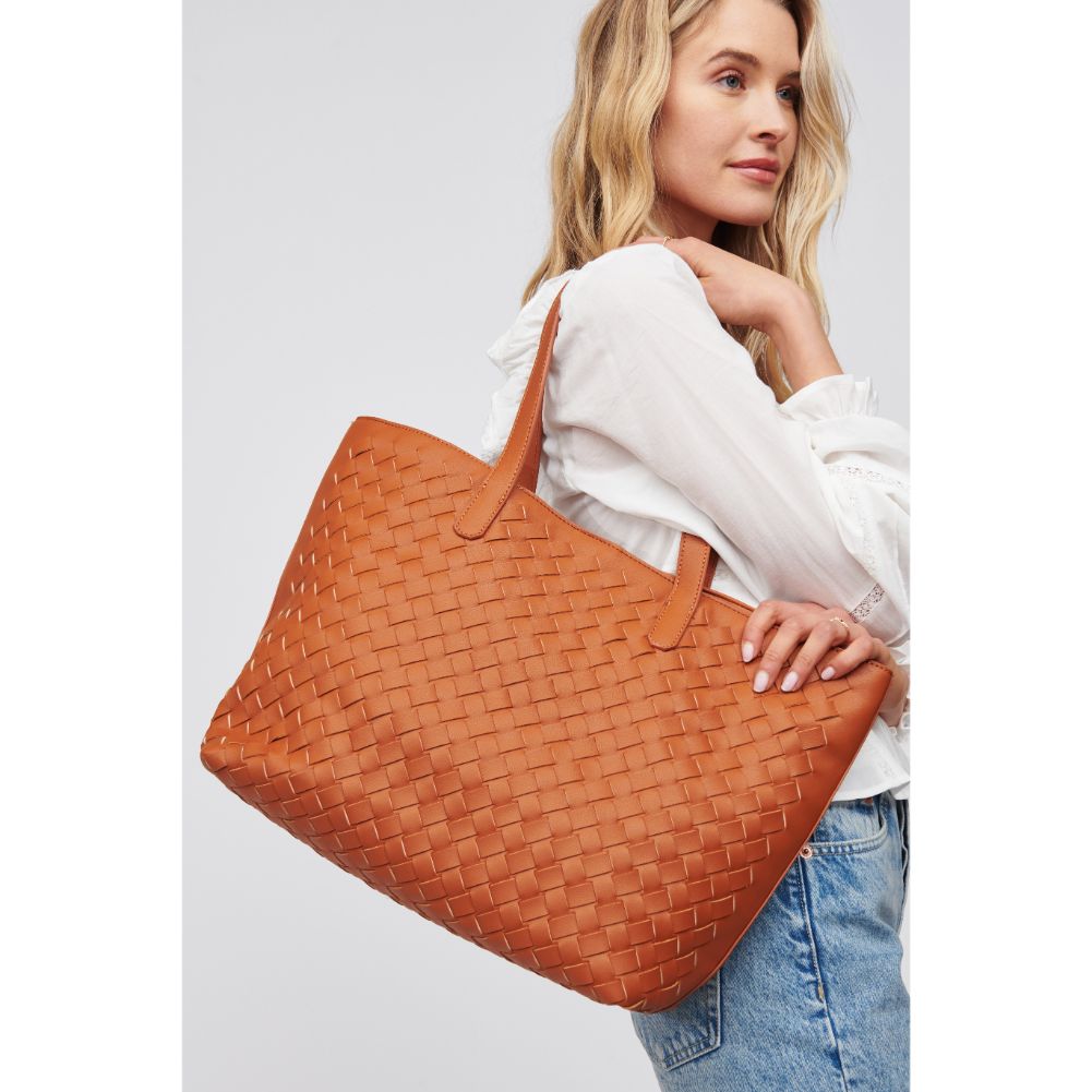 Woman wearing Tan Urban Expressions Valencia - Woven Tote 840611101624 View 1 | Tan