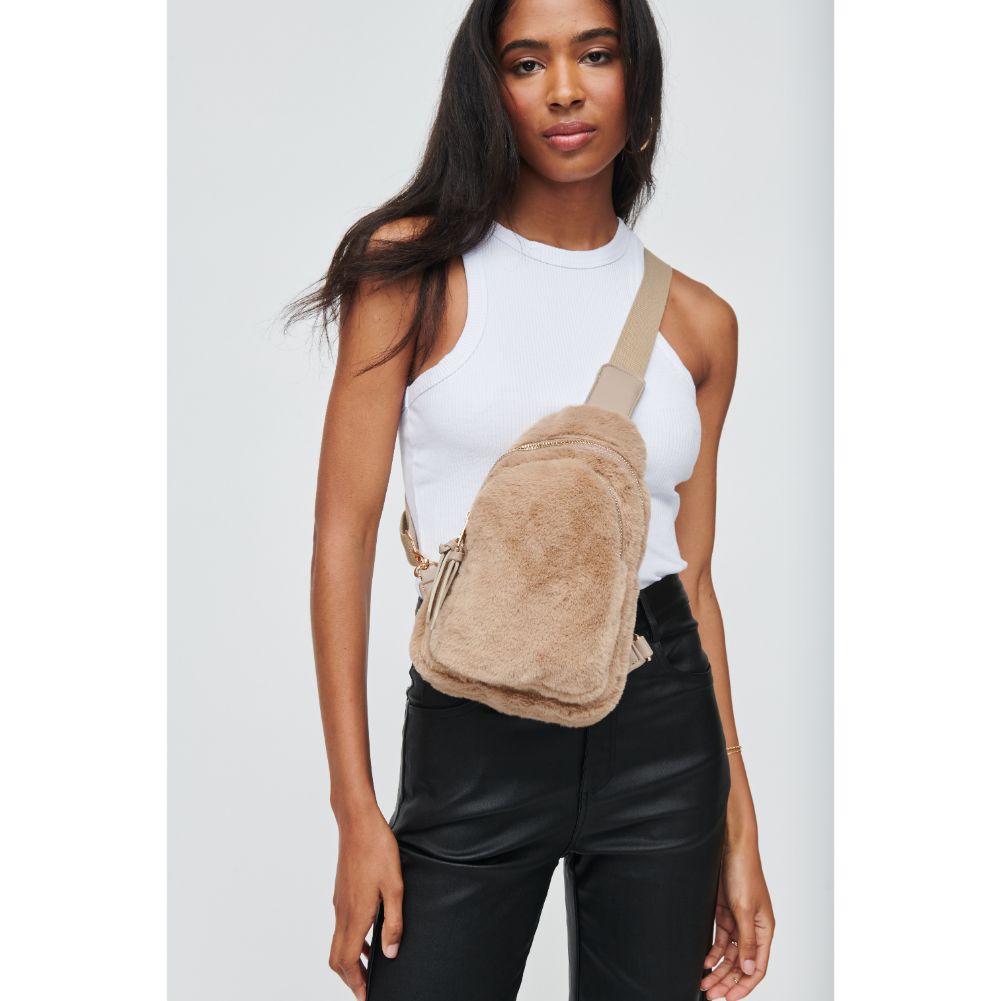 Woman wearing Taupe Urban Expressions Ace Faux Fur Sling Backpack 840611104588 View 2 | Taupe