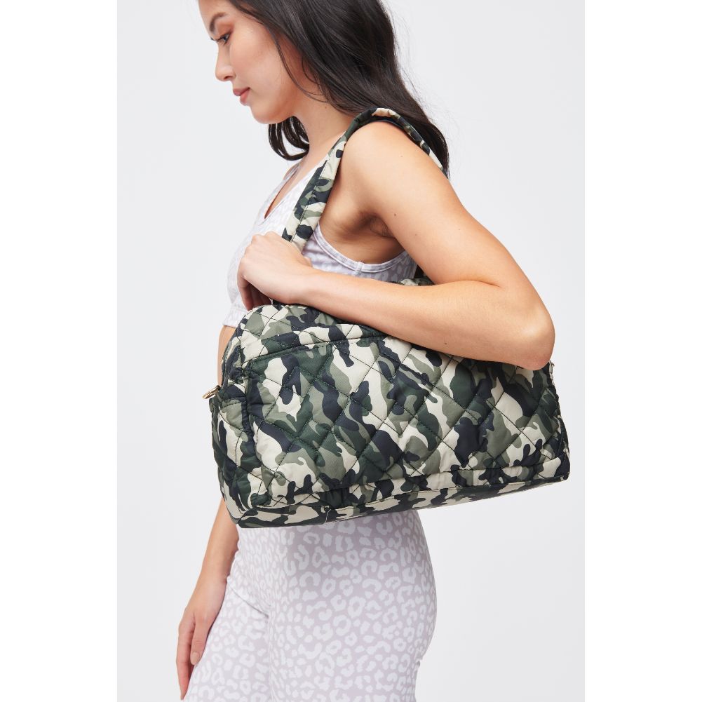 Woman wearing Green Camo Urban Expressions Spencer - Quilted Nylon Weekender 840611184276 View 3 | Green Camo