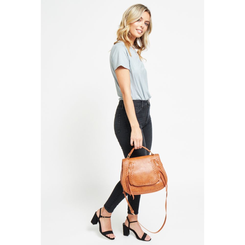 Woman wearing Tan Urban Expressions Khloe Crossbody 840611176639 View 3 | Tan