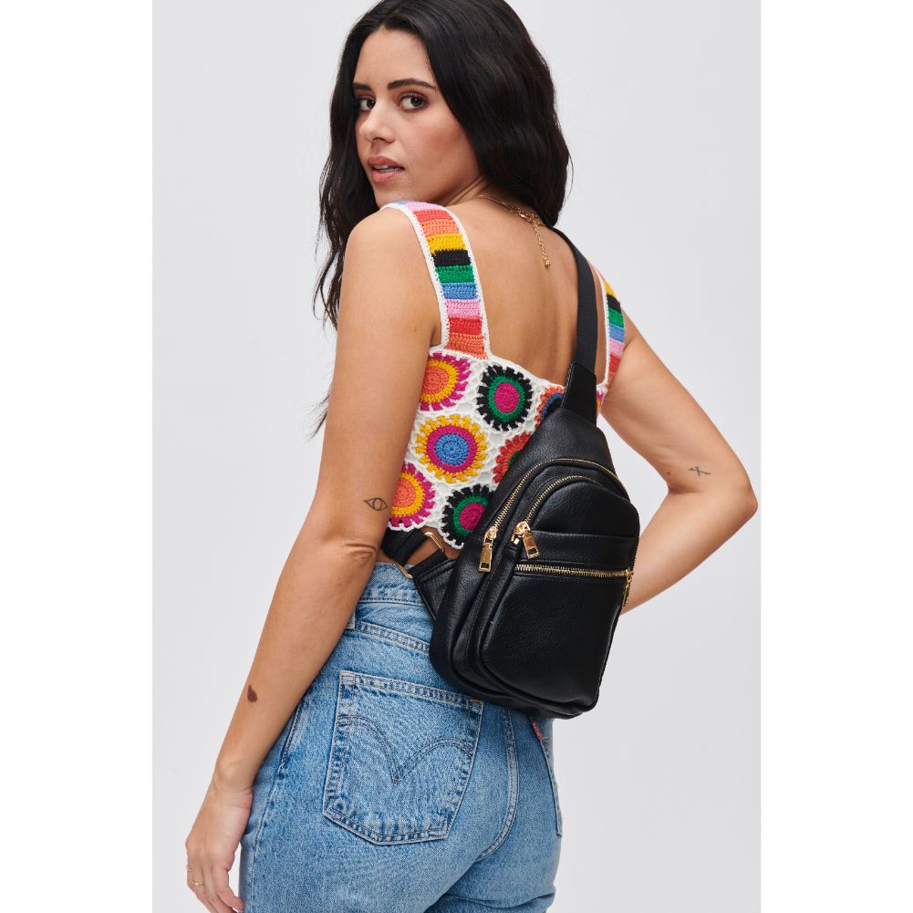 Woman wearing Black Urban Expressions Zephyr Sling Backpack 840611106889 View 3 | Black