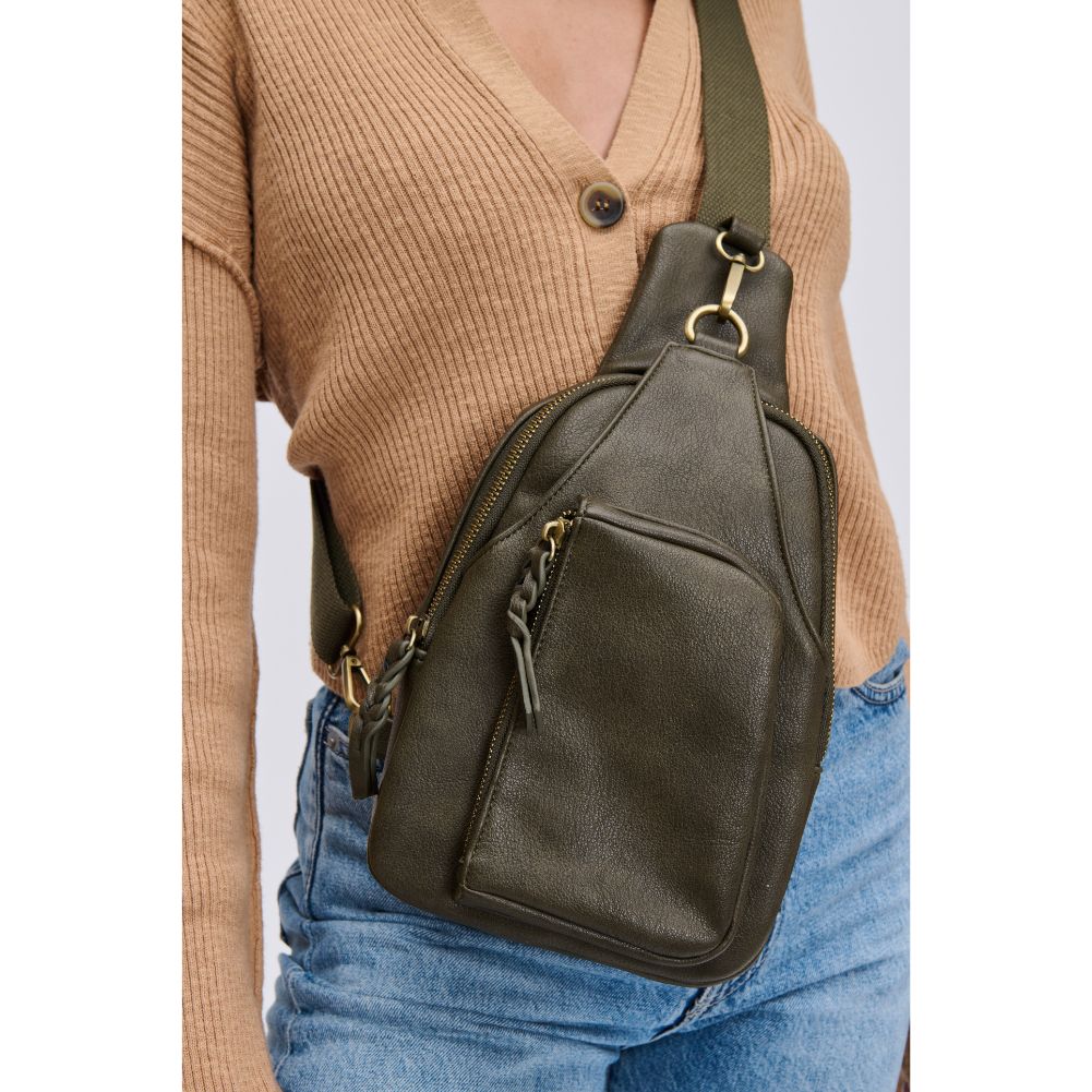 Woman wearing Olive Urban Expressions Wendall Sling Backpack 840611116604 View 4 | Olive