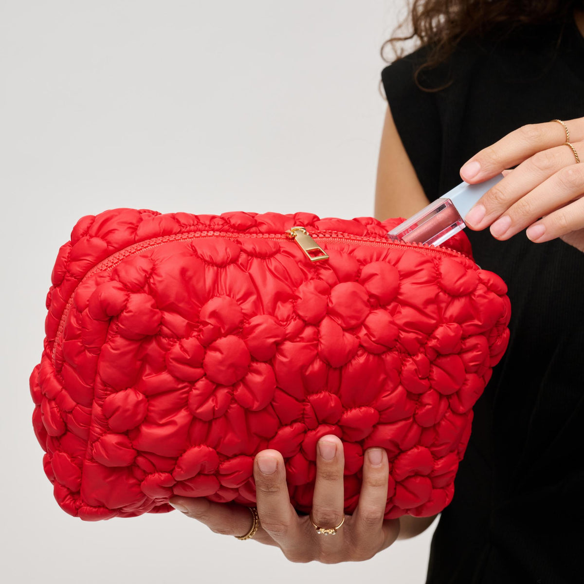 Woman wearing Red Urban Expressions Flora Pop - Nylon Cosmetic Pouch 840611144232 View 1 | Red