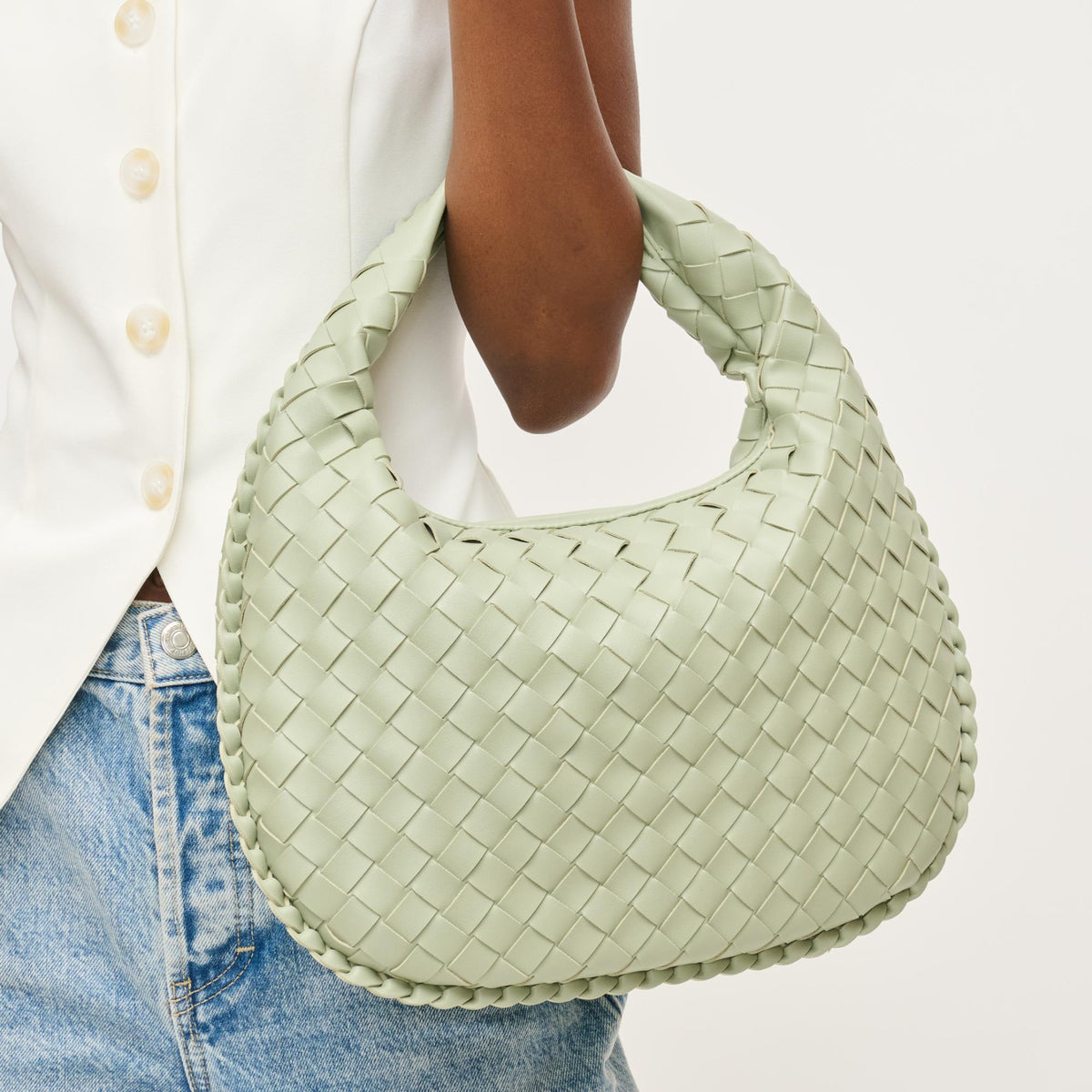 Woman wearing Sage Urban Expressions Wendy Hobo 840611150370 View 1 | Sage