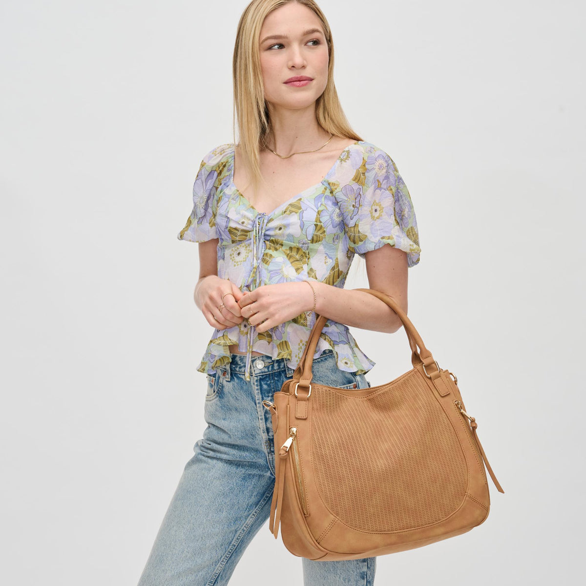 Woman wearing Tan Urban Expressions Fairton Crossbody 840611192578 View 2 | Tan