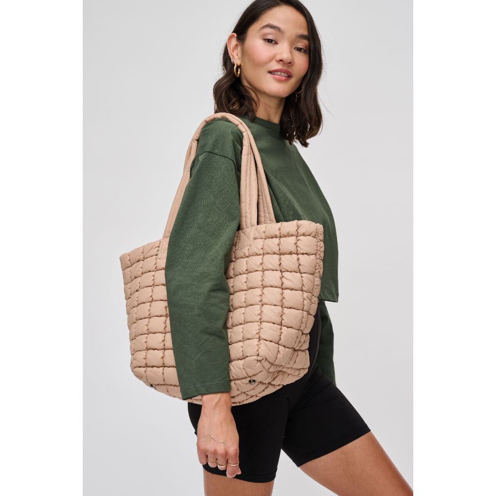 Woman wearing Nude Urban Expressions Breakaway - Puffer Tote 840611119858 View 2 | Nude