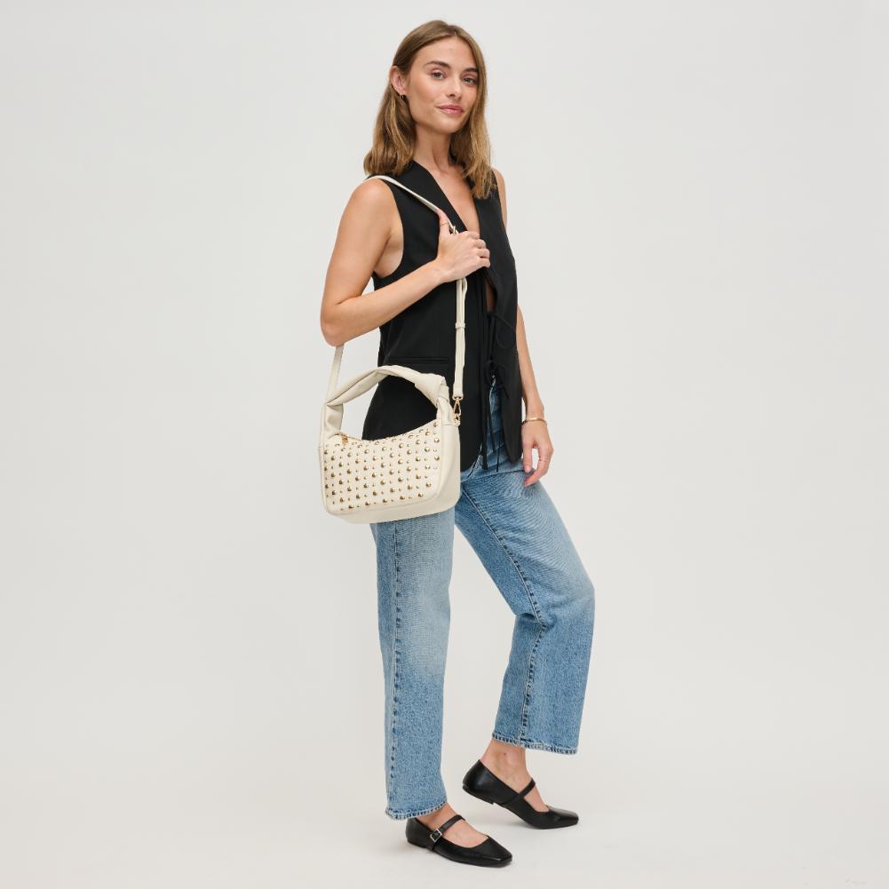 Woman wearing Oatmilk Urban Expressions Lennox Crossbody 840611194206 View 4 | Oatmilk