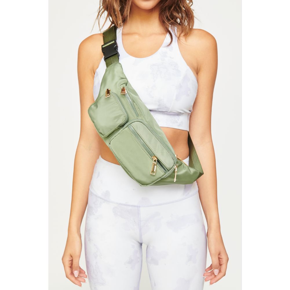 Woman wearing Olive Urban Expressions Lottie Belt Bag 840611177742 View 1 | Olive