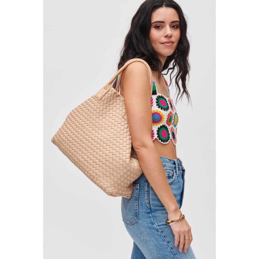 Woman wearing Natural Urban Expressions Ithaca - Woven Neoprene Tote 840611107886 View 2 | Natural
