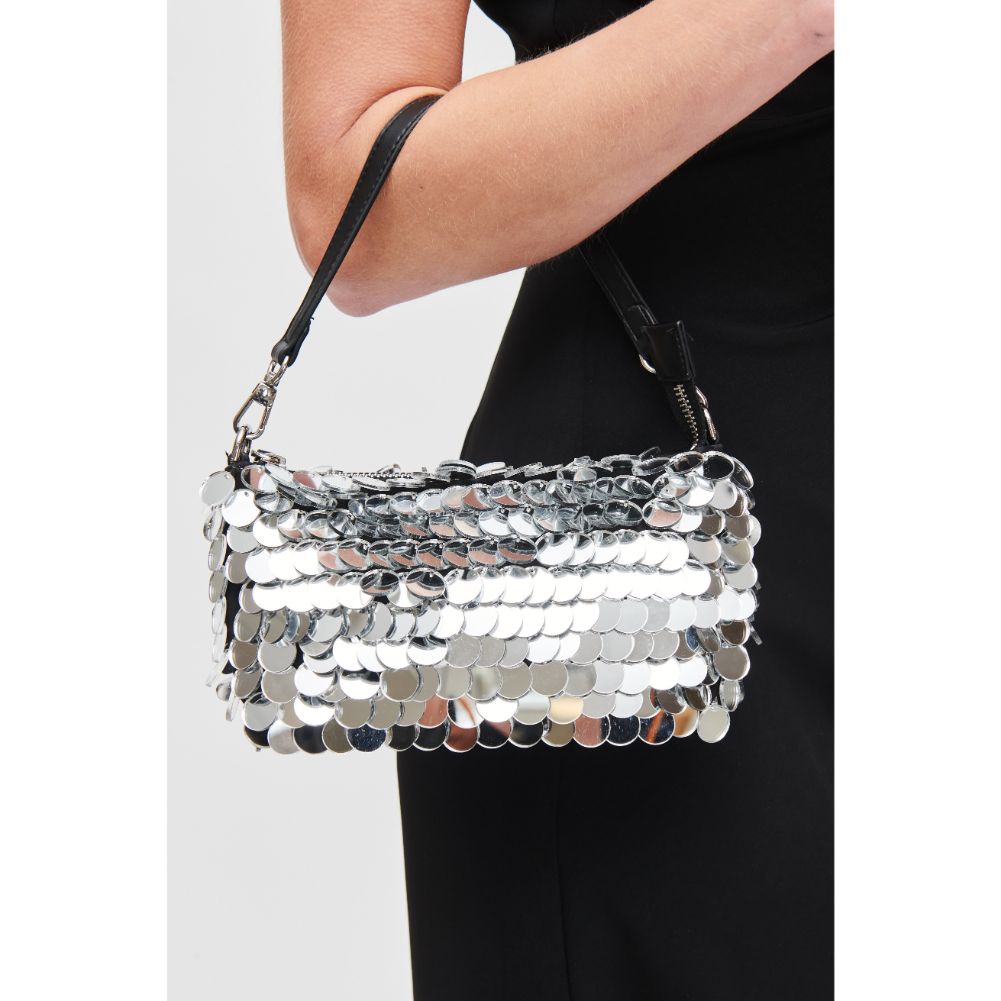 Woman wearing Silver Urban Expressions Twiggy Evening Bag 840611110114 View 1 | Silver