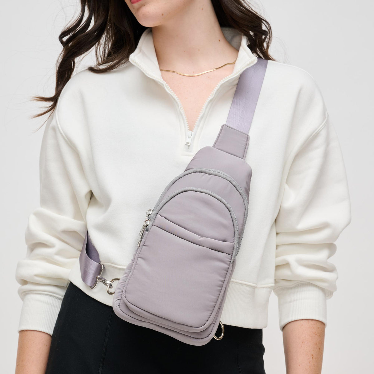 Woman wearing Grey Urban Expressions Kenny Sling Backpack 840611124982 View 1 | Grey