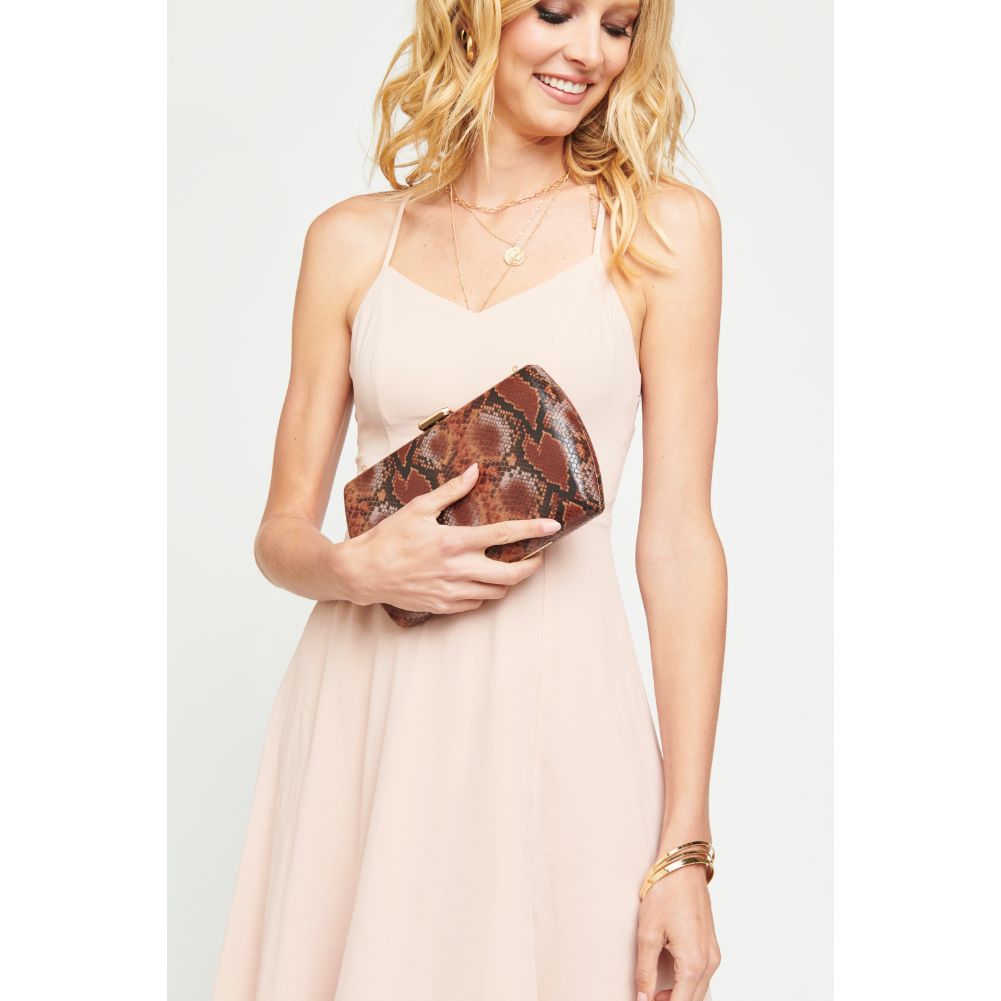 Woman wearing Chocolate Multi Sol and Selene Nashville Evening Bag 840611164209 View 3 | Chocolate Multi